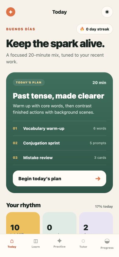 Spanish Sprint Today screen with a personalized grammar, vocabulary, and review plan